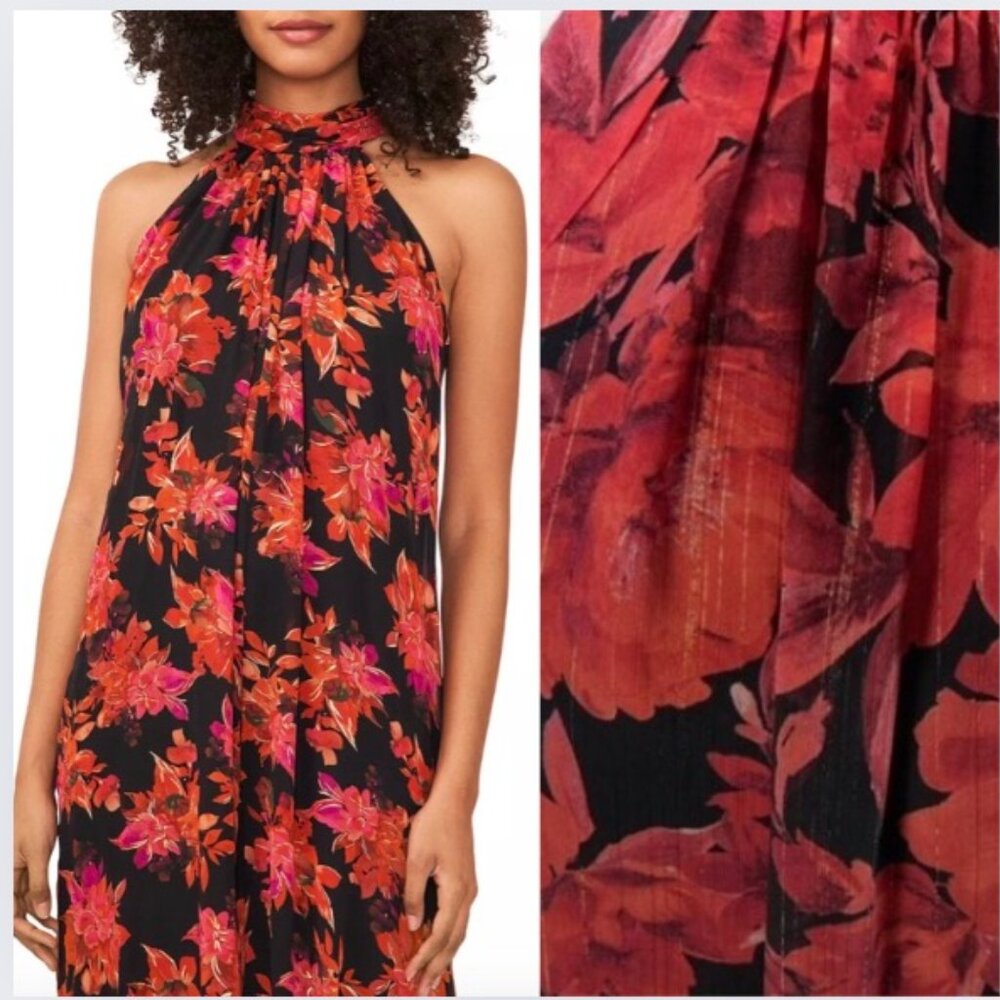 Nicole Miller Flowy Red & Black Floral Chiffon Halter Neck Swing Dress Sz XS